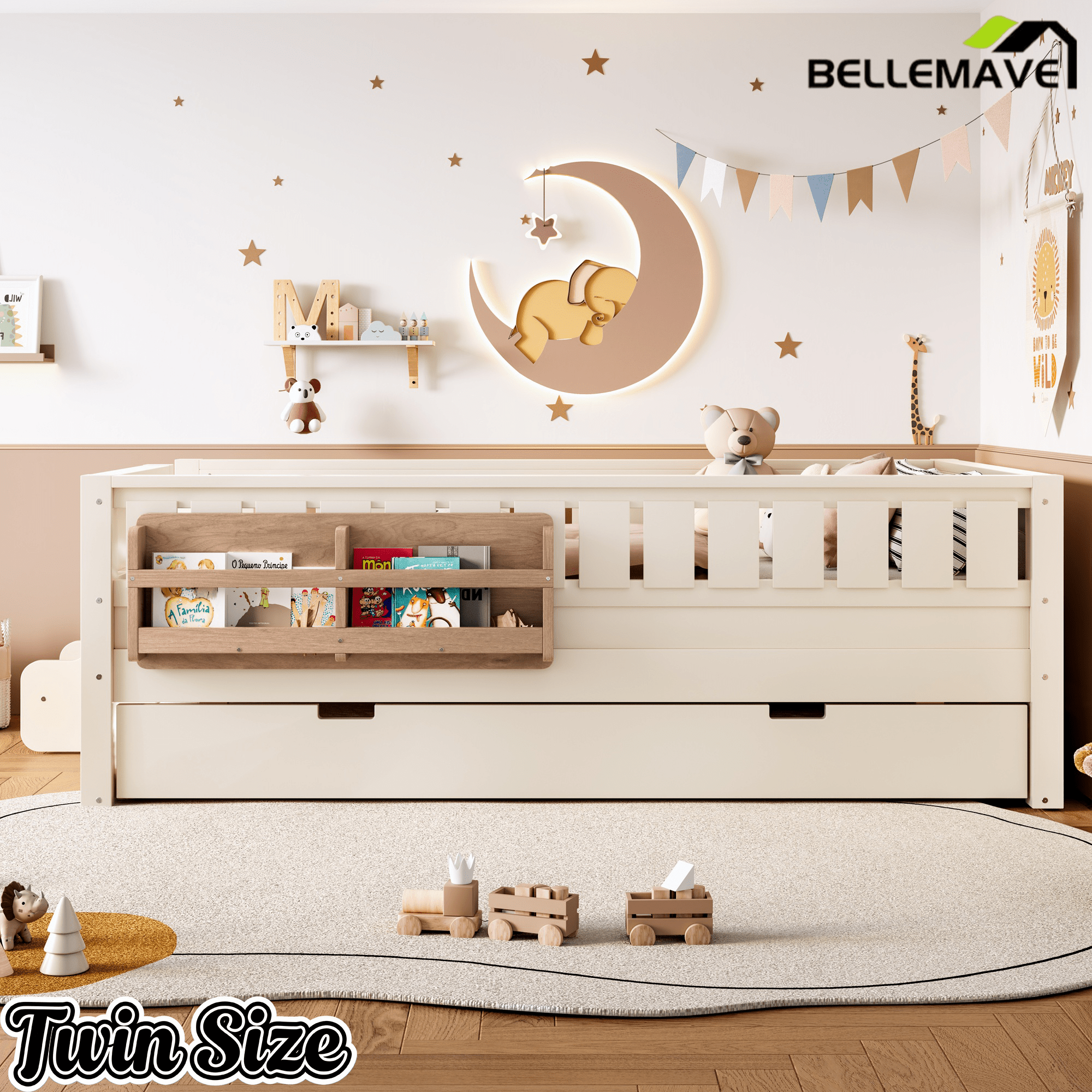 Bellemave® Twin Bed with Trundle Twin and Stairs, Twin Size Platform Bed Frame with Fence and Bookshelf, Natural - Bellemave