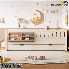 Bellemave® Twin Bed with Trundle Twin and Stairs, Twin Size Platform Bed Frame with Fence and Bookshelf, Natural - Bellemave