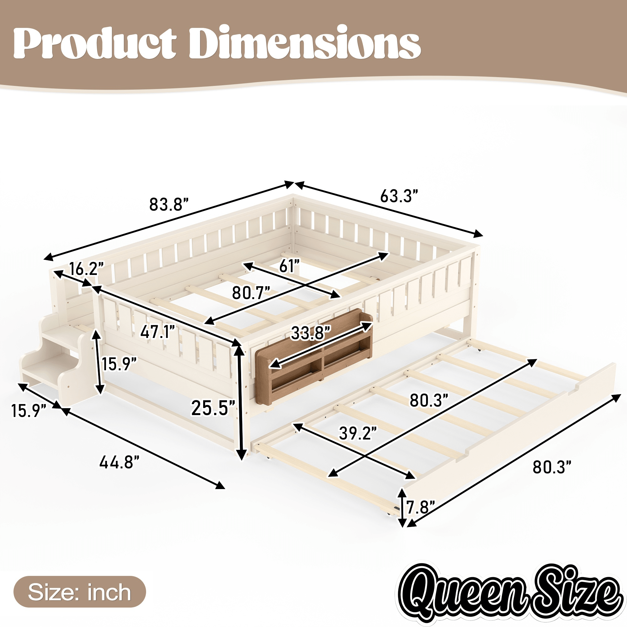 Bellemave® Twin Bed with Trundle Twin and Stairs, Twin Size Platform Bed Frame with Fence and Bookshelf, Natural - Bellemave