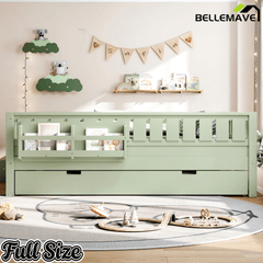 Bellemave® Twin Bed with Trundle Twin and Stairs, Twin Size Platform Bed Frame with Fence and Bookshelf, Natural - Bellemave