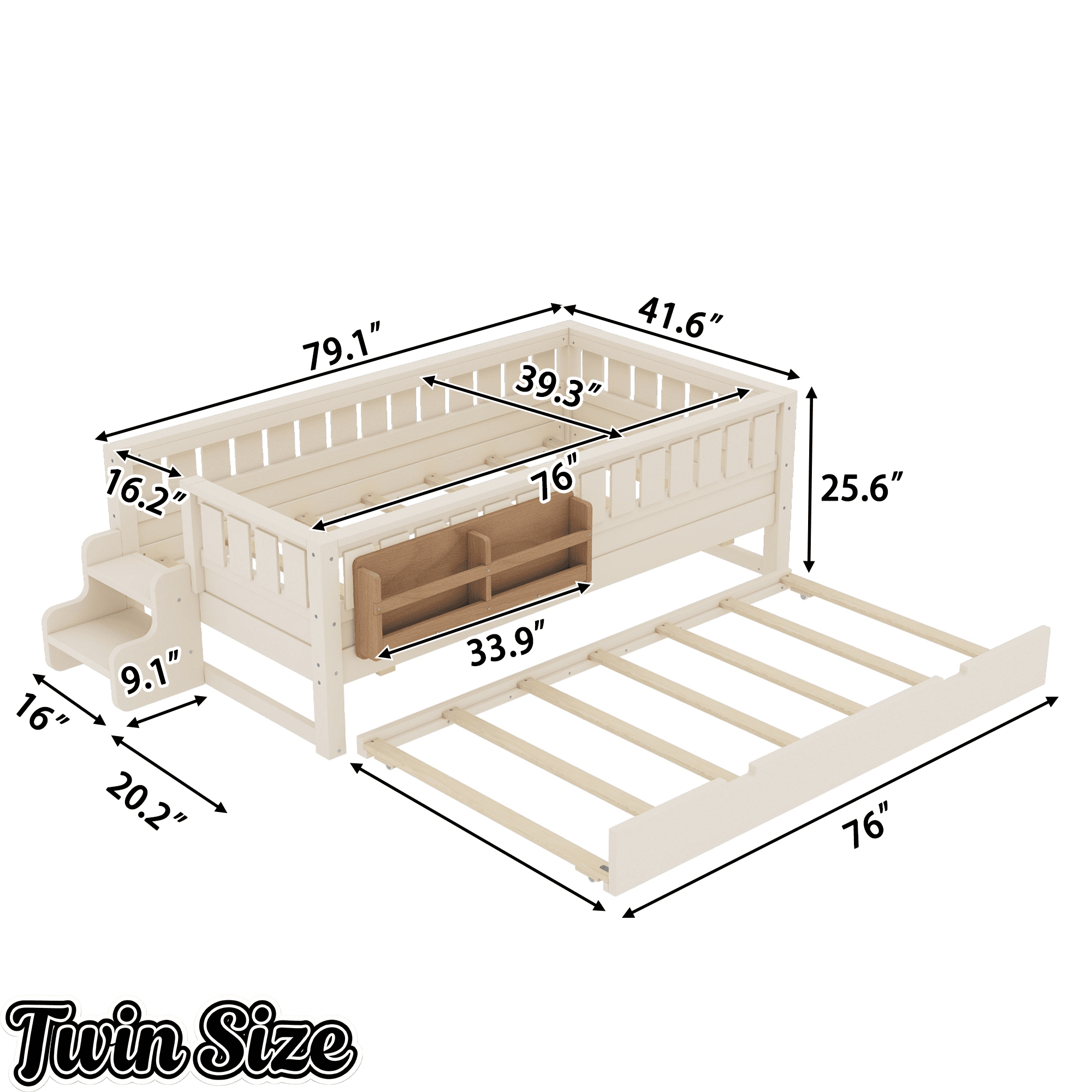 Bellemave® Twin Bed with Trundle Twin and Stairs, Twin Size Platform Bed Frame with Fence and Bookshelf, Natural - Bellemave
