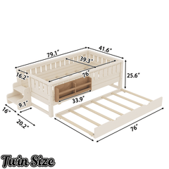 Bellemave® Twin Bed with Trundle Twin and Stairs, Twin Size Platform Bed Frame with Fence and Bookshelf, Natural - Bellemave
