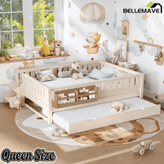 Bellemave® Twin Bed with Trundle Twin and Stairs, Twin Size Platform Bed Frame with Fence and Bookshelf, Natural - Bellemave