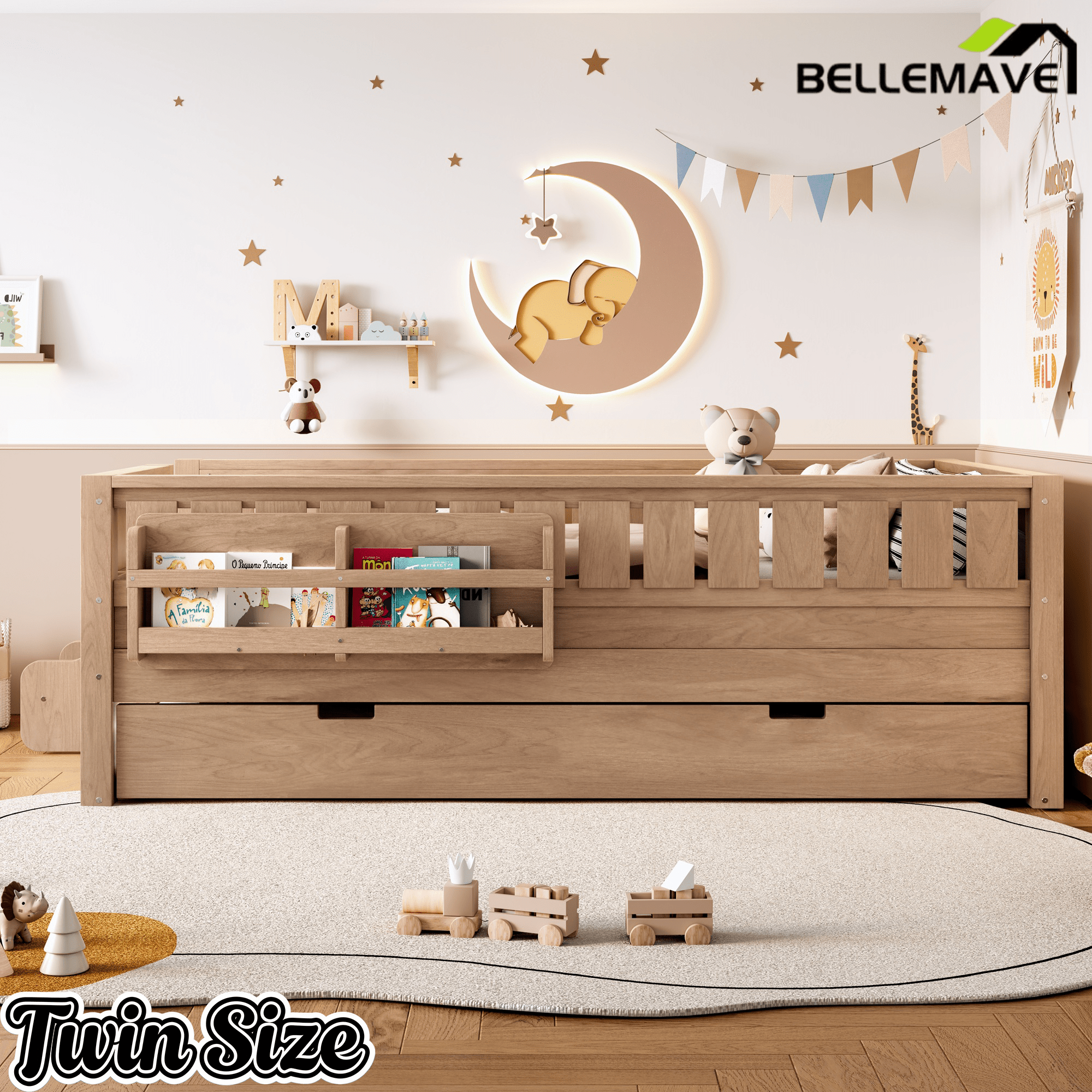 Bellemave® Twin Bed with Trundle Twin and Stairs, Twin Size Platform Bed Frame with Fence and Bookshelf, Natural - Bellemave