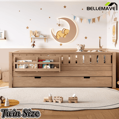 Bellemave® Twin Bed with Trundle Twin and Stairs, Twin Size Platform Bed Frame with Fence and Bookshelf, Natural - Bellemave