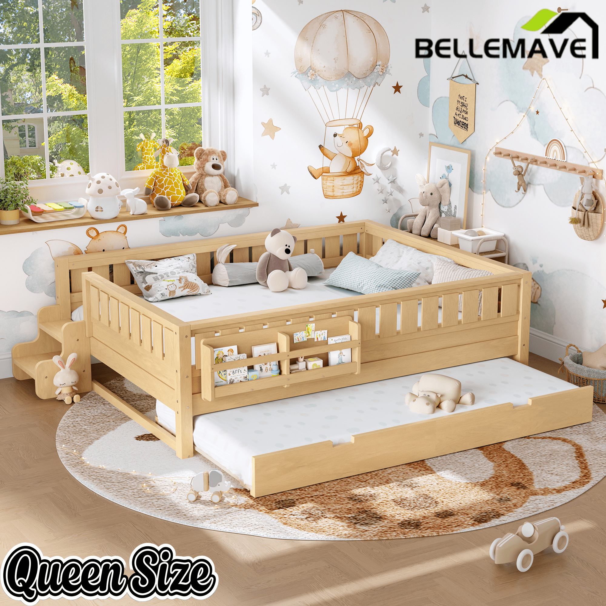 Bellemave® Twin Bed with Trundle Twin and Stairs, Twin Size Platform Bed Frame with Fence and Bookshelf, Natural - Bellemave