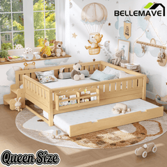 Bellemave® Twin Bed with Trundle Twin and Stairs, Twin Size Platform Bed Frame with Fence and Bookshelf, Natural - Bellemave
