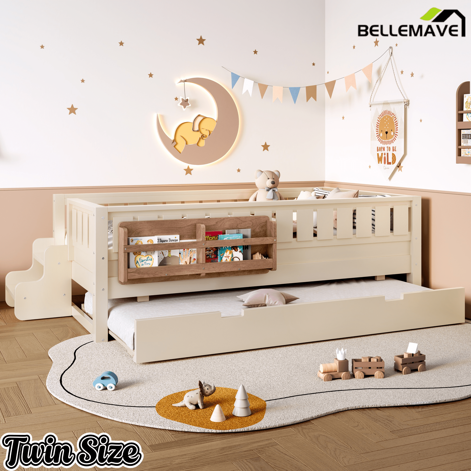 Bellemave® Twin Bed with Trundle Twin and Stairs, Twin Size Platform Bed Frame with Fence and Bookshelf, Natural - Bellemave