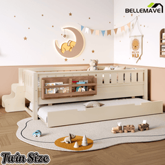 Bellemave® Twin Bed with Trundle Twin and Stairs, Twin Size Platform Bed Frame with Fence and Bookshelf, Natural - Bellemave