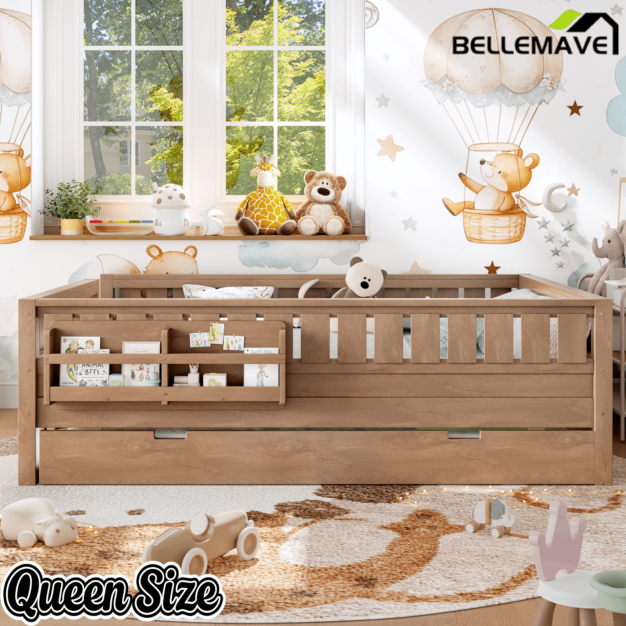 Bellemave® Twin Bed with Trundle Twin and Stairs, Twin Size Platform Bed Frame with Fence and Bookshelf, Natural - Bellemave