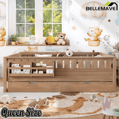 Bellemave® Twin Bed with Trundle Twin and Stairs, Twin Size Platform Bed Frame with Fence and Bookshelf, Natural - Bellemave