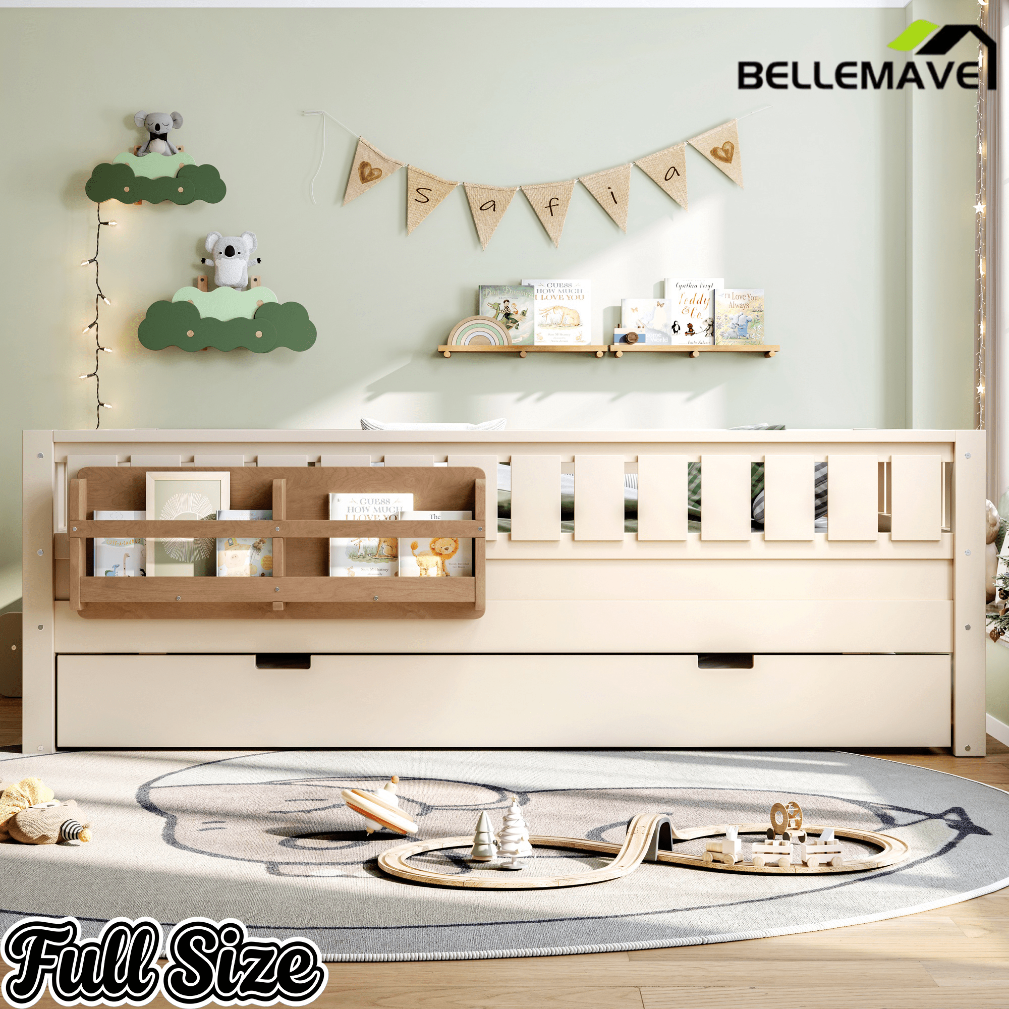 Bellemave® Twin Bed with Trundle Twin and Stairs, Twin Size Platform Bed Frame with Fence and Bookshelf, Natural - Bellemave