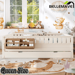 Bellemave® Twin Bed with Trundle Twin and Stairs, Twin Size Platform Bed Frame with Fence and Bookshelf, Natural - Bellemave