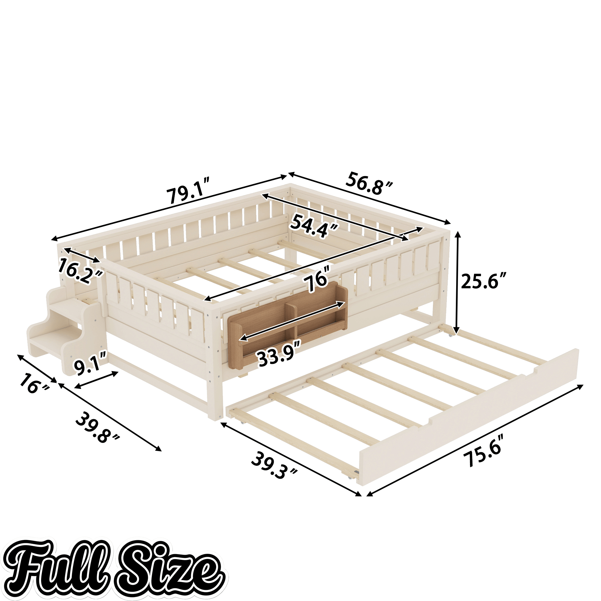 Bellemave® Twin Bed with Trundle Twin and Stairs, Twin Size Platform Bed Frame with Fence and Bookshelf, Natural - Bellemave