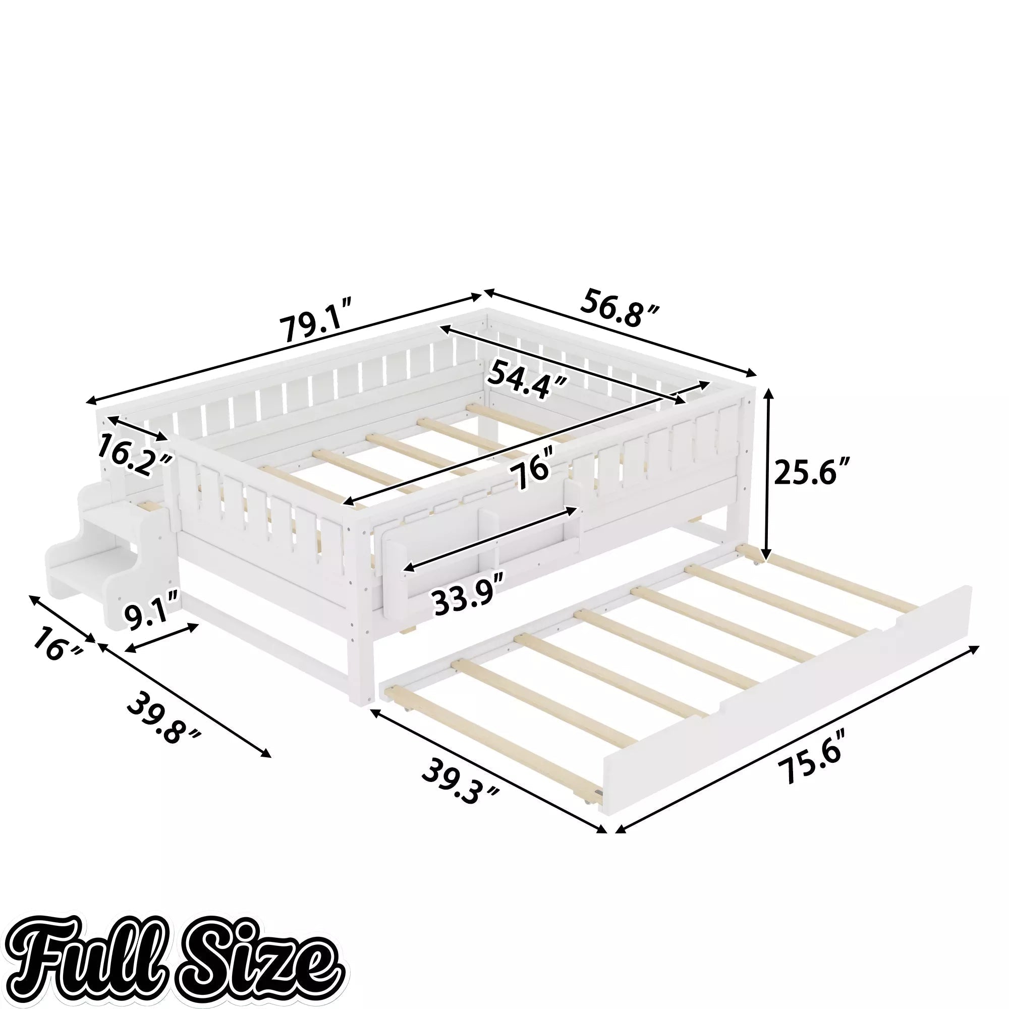 Bellemave® Twin Bed with Trundle Twin and Stairs, Twin Size Platform Bed Frame with Fence and Bookshelf, Natural - Bellemave