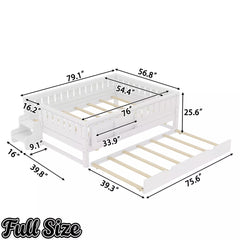 Bellemave® Twin Bed with Trundle Twin and Stairs, Twin Size Platform Bed Frame with Fence and Bookshelf, Natural - Bellemave