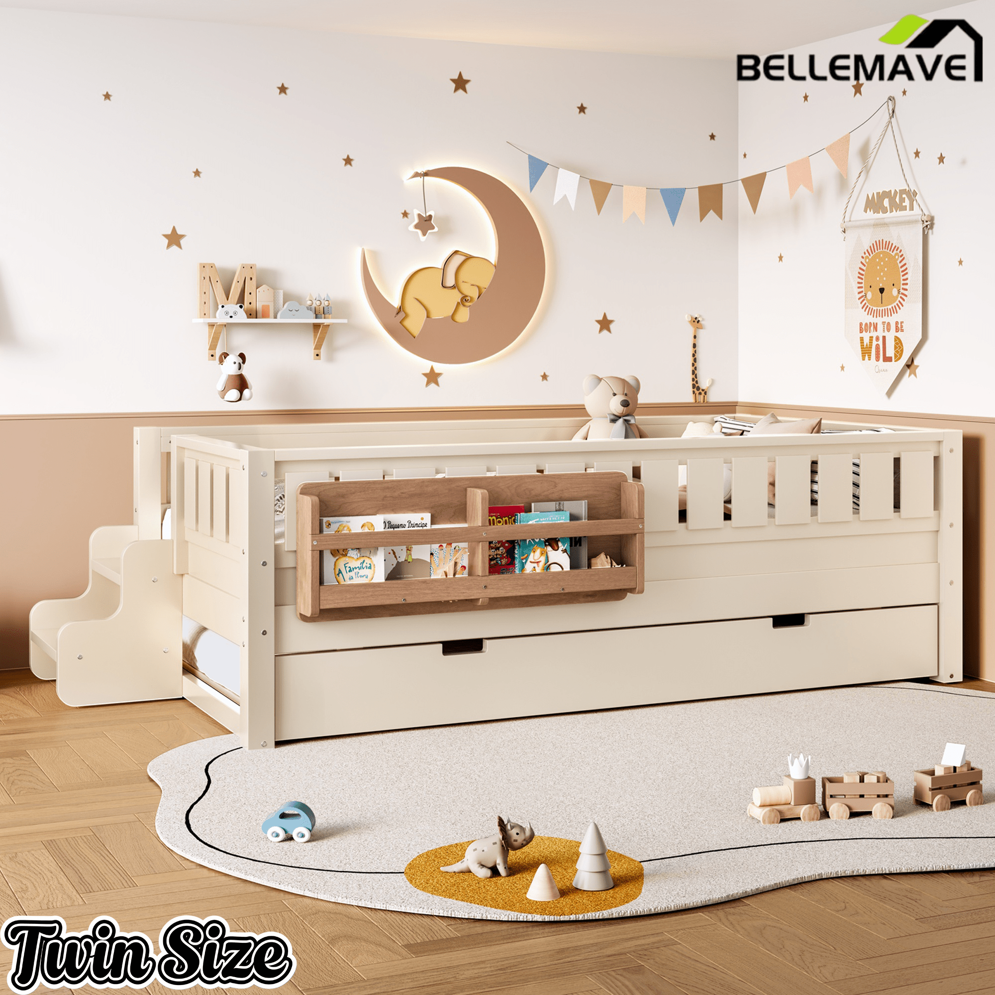 Bellemave® Twin Bed with Trundle Twin and Stairs, Twin Size Platform Bed Frame with Fence and Bookshelf, Natural - Bellemave