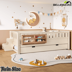 Bellemave® Twin Bed with Trundle Twin and Stairs, Twin Size Platform Bed Frame with Fence and Bookshelf, Natural - Bellemave
