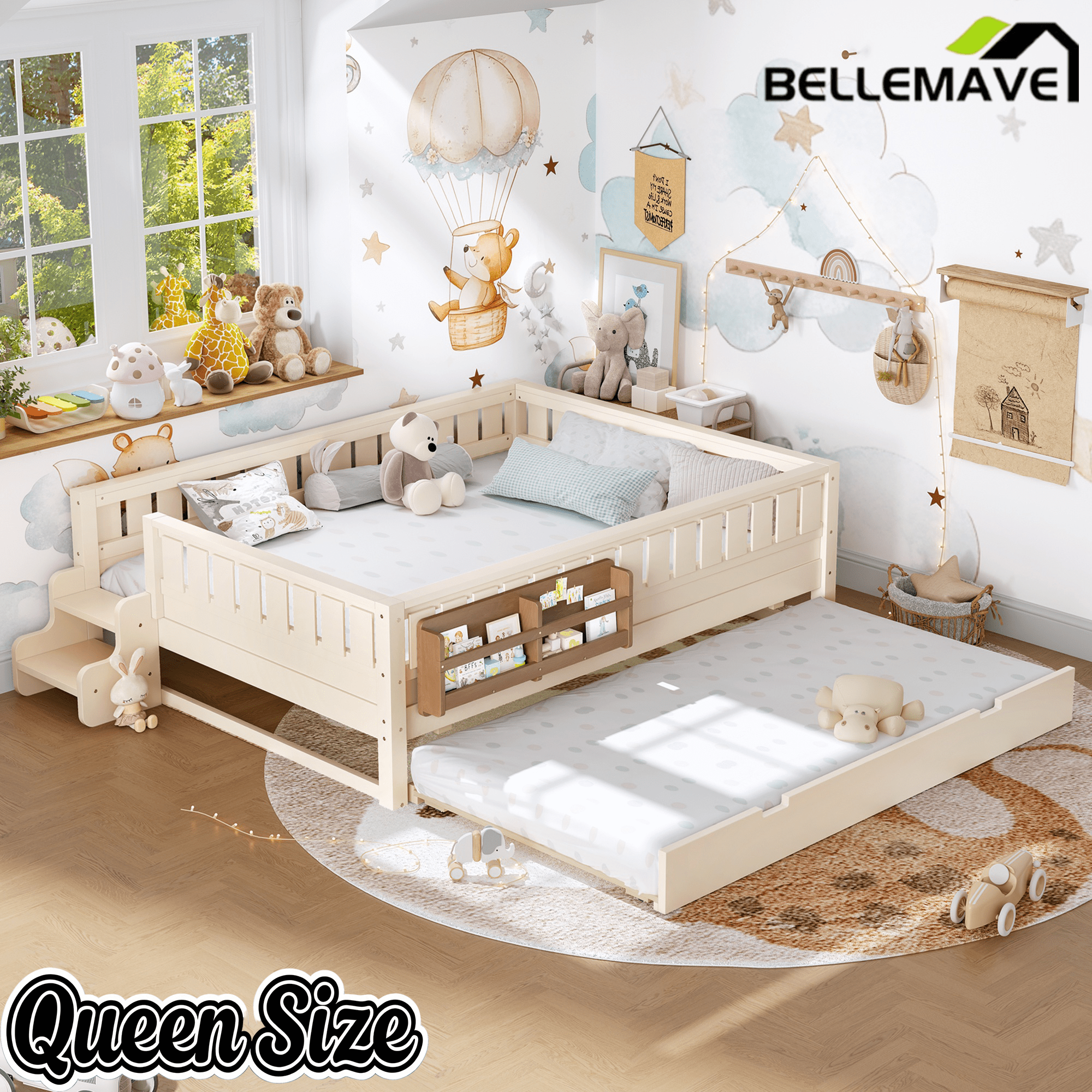 Bellemave® Twin Bed with Trundle Twin and Stairs, Twin Size Platform Bed Frame with Fence and Bookshelf, Natural - Bellemave