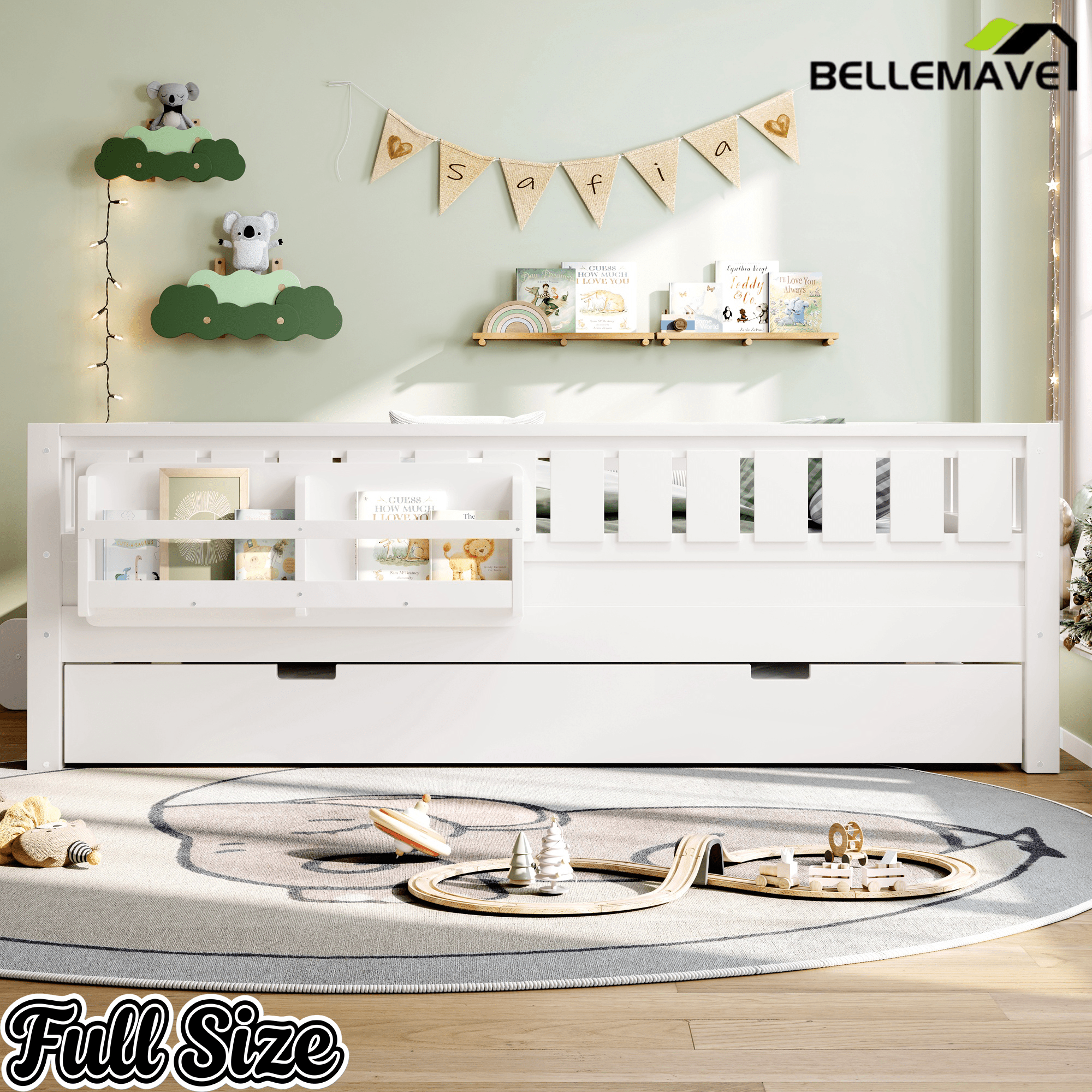 Bellemave® Twin Bed with Trundle Twin and Stairs, Twin Size Platform Bed Frame with Fence and Bookshelf, Natural - Bellemave