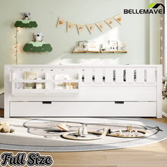 Bellemave® Twin Bed with Trundle Twin and Stairs, Twin Size Platform Bed Frame with Fence and Bookshelf, Natural - Bellemave