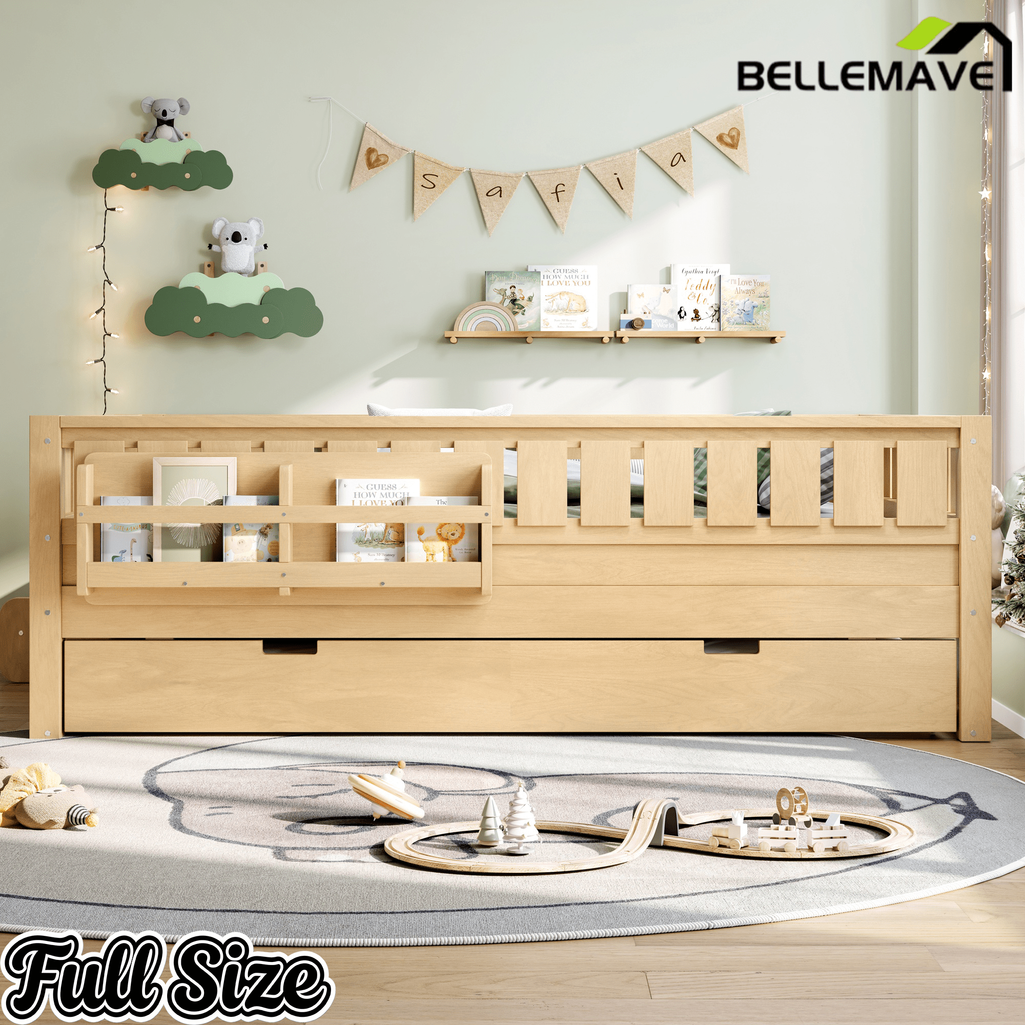 Bellemave® Twin Bed with Trundle Twin and Stairs, Twin Size Platform Bed Frame with Fence and Bookshelf, Natural - Bellemave