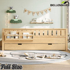 Bellemave® Twin Bed with Trundle Twin and Stairs, Twin Size Platform Bed Frame with Fence and Bookshelf, Natural - Bellemave