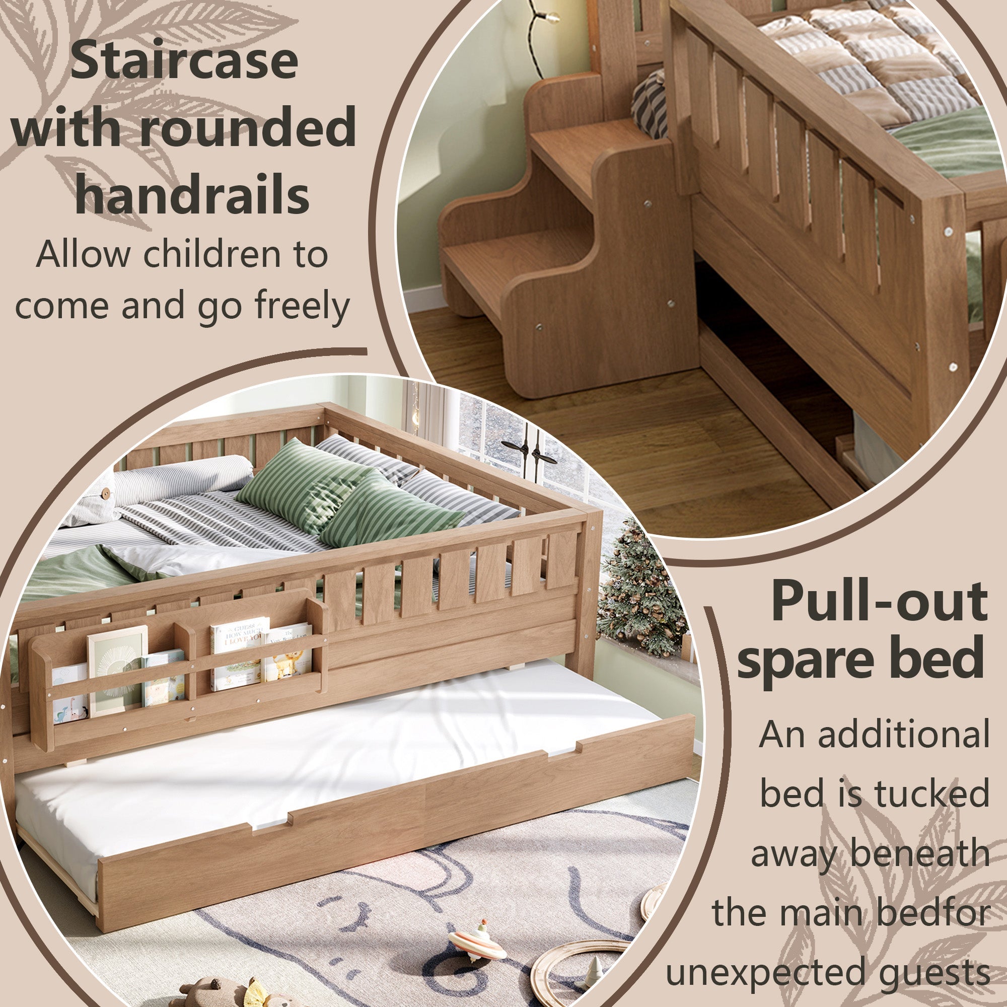 Bellemave® Twin Bed with Trundle Twin and Stairs, Twin Size Platform Bed Frame with Fence and Bookshelf, Natural - Bellemave