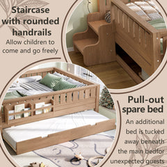 Bellemave® Twin Bed with Trundle Twin and Stairs, Twin Size Platform Bed Frame with Fence and Bookshelf, Natural - Bellemave