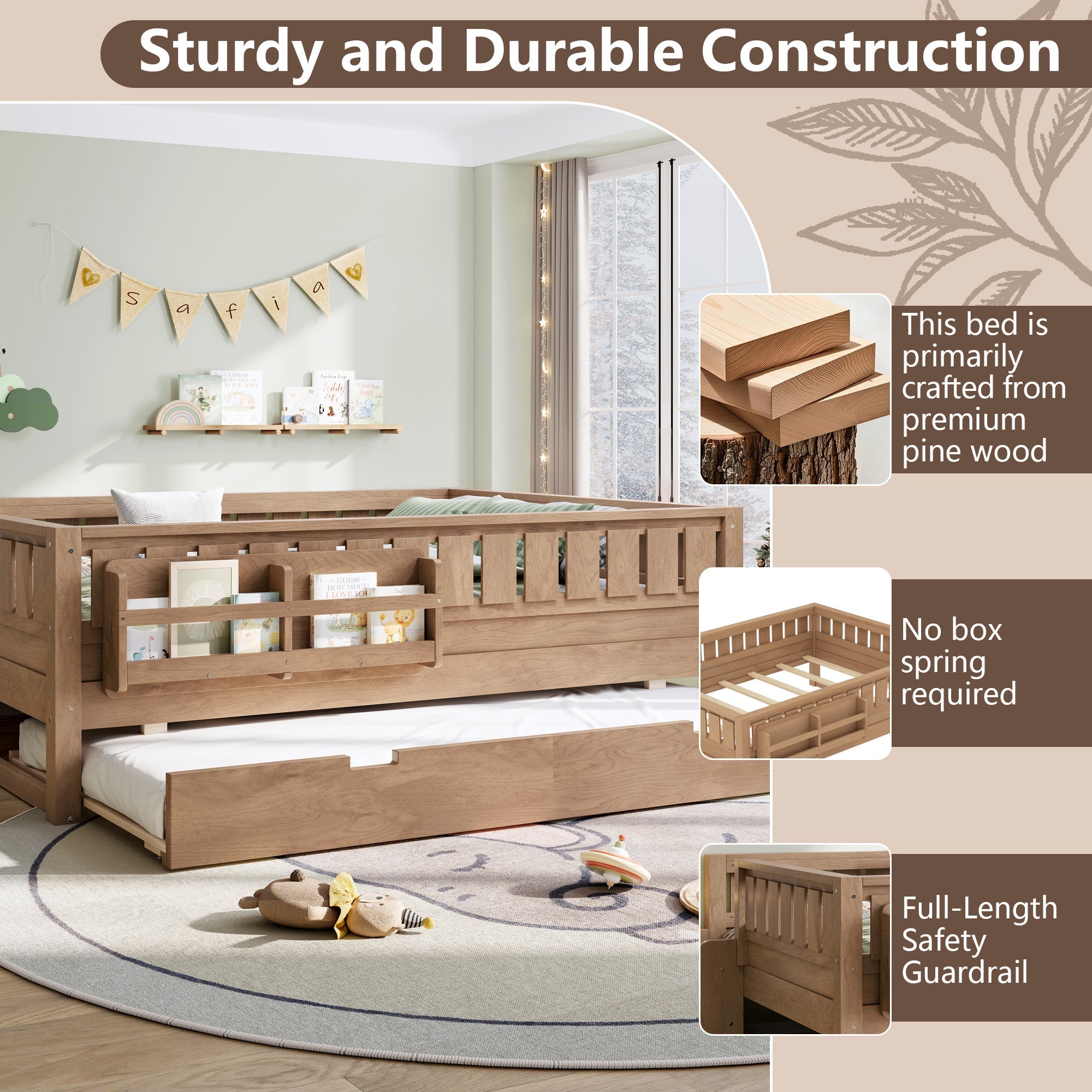 Bellemave® Twin Bed with Trundle Twin and Stairs, Twin Size Platform Bed Frame with Fence and Bookshelf, Natural - Bellemave