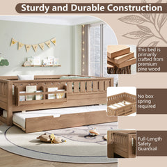 Bellemave® Twin Bed with Trundle Twin and Stairs, Twin Size Platform Bed Frame with Fence and Bookshelf, Natural - Bellemave