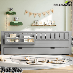 Bellemave® Twin Bed with Trundle Twin and Stairs, Twin Size Platform Bed Frame with Fence and Bookshelf, Natural - Bellemave