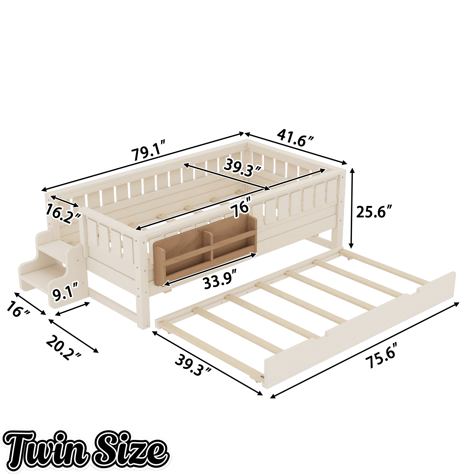 Bellemave® Twin Bed with Trundle Twin and Stairs, Twin Size Platform Bed Frame with Fence and Bookshelf, Natural - Bellemave