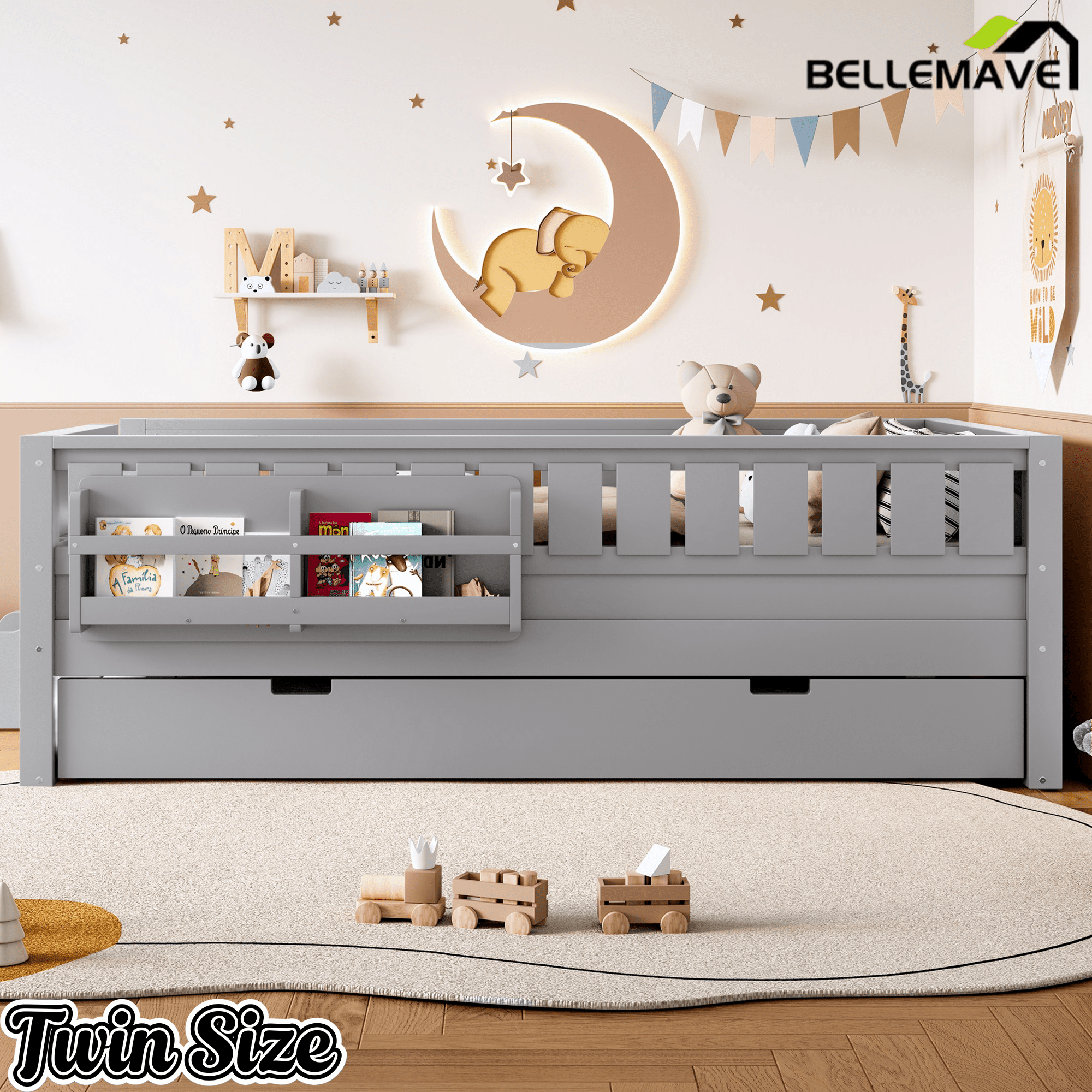 Bellemave® Twin Bed with Trundle Twin and Stairs, Twin Size Platform Bed Frame with Fence and Bookshelf, Natural - Bellemave