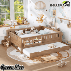 Bellemave® Twin Bed with Trundle Twin and Stairs, Twin Size Platform Bed Frame with Fence and Bookshelf, Natural - Bellemave