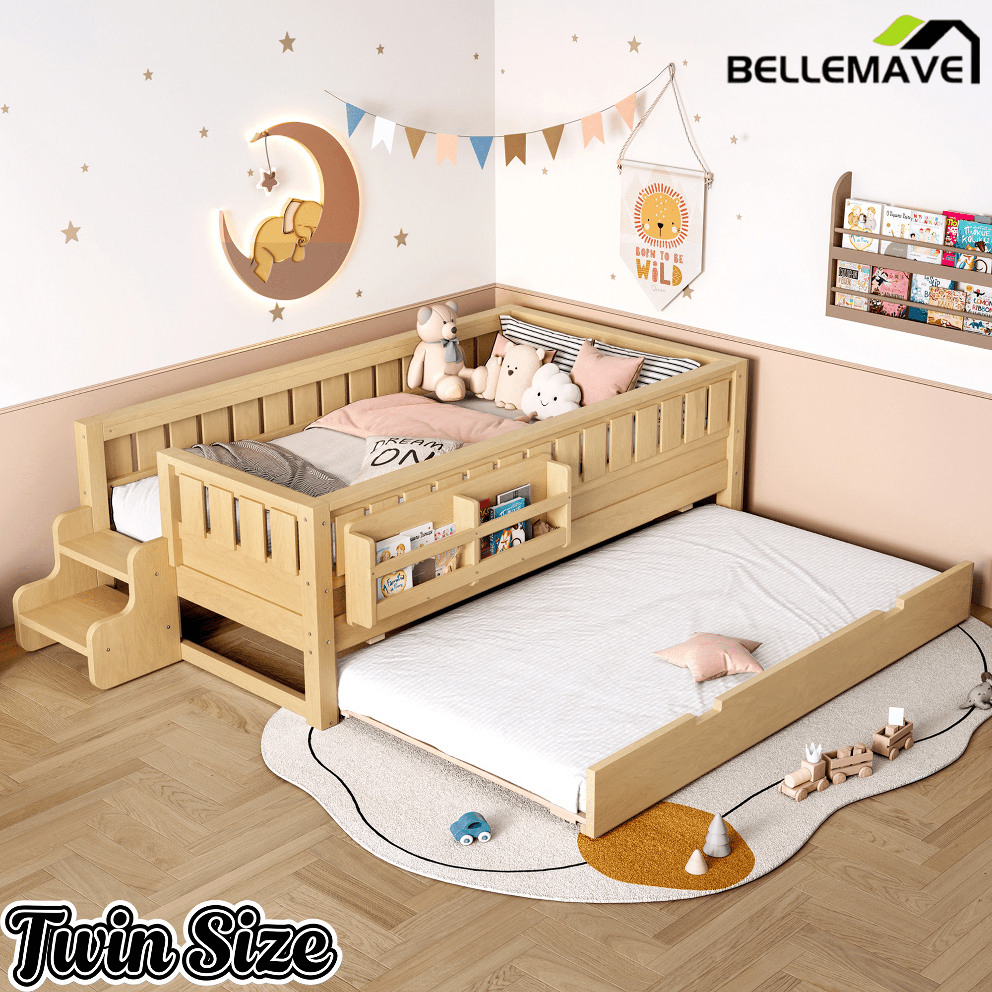 Bellemave® Twin Bed with Trundle Twin and Stairs, Twin Size Platform Bed Frame with Fence and Bookshelf, Natural - Bellemave
