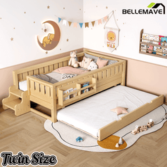 Bellemave® Twin Bed with Trundle Twin and Stairs, Twin Size Platform Bed Frame with Fence and Bookshelf, Natural - Bellemave