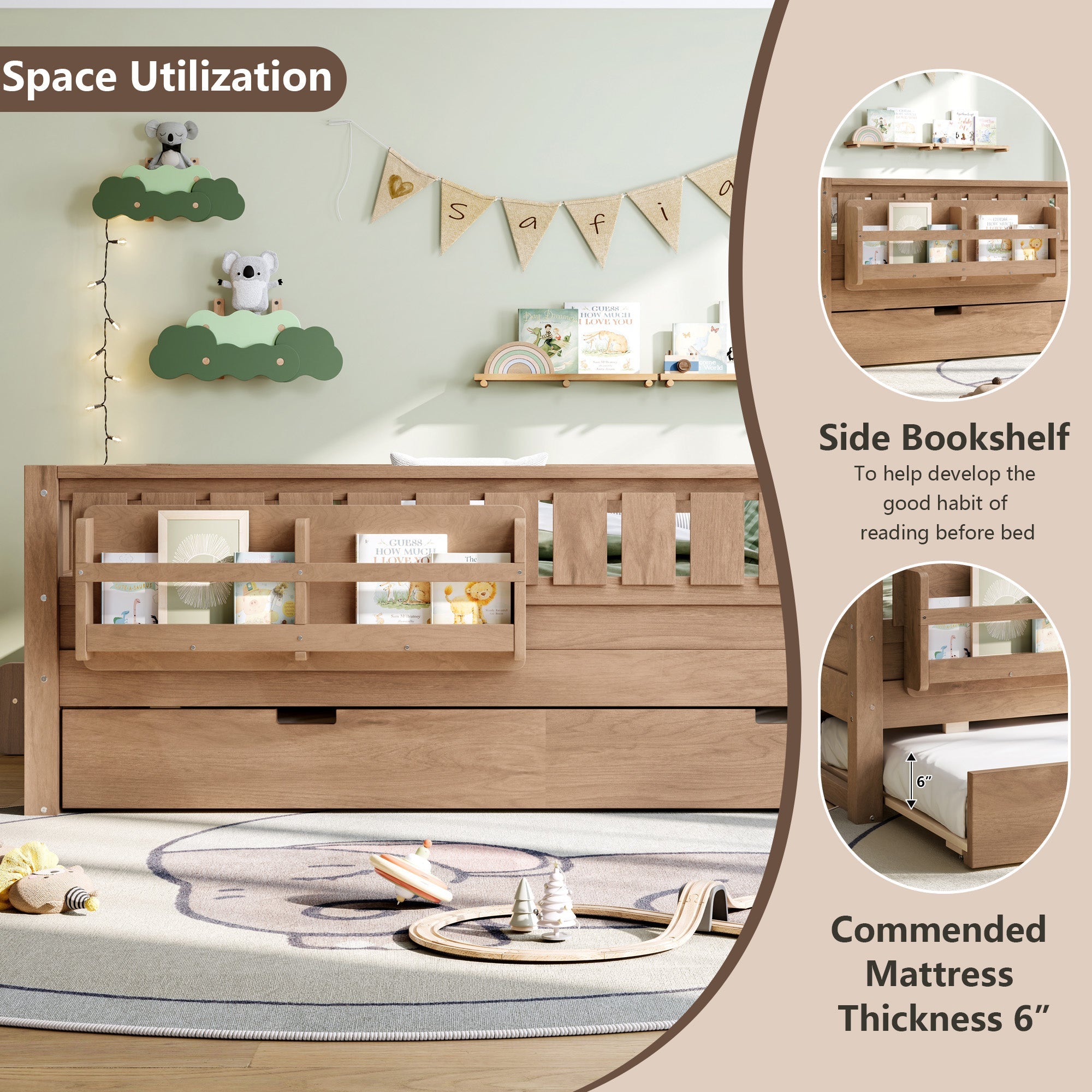 Bellemave® Twin Bed with Trundle Twin and Stairs, Twin Size Platform Bed Frame with Fence and Bookshelf, Natural - Bellemave