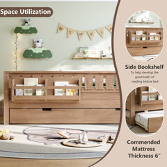 Bellemave® Twin Bed with Trundle Twin and Stairs, Twin Size Platform Bed Frame with Fence and Bookshelf, Natural - Bellemave