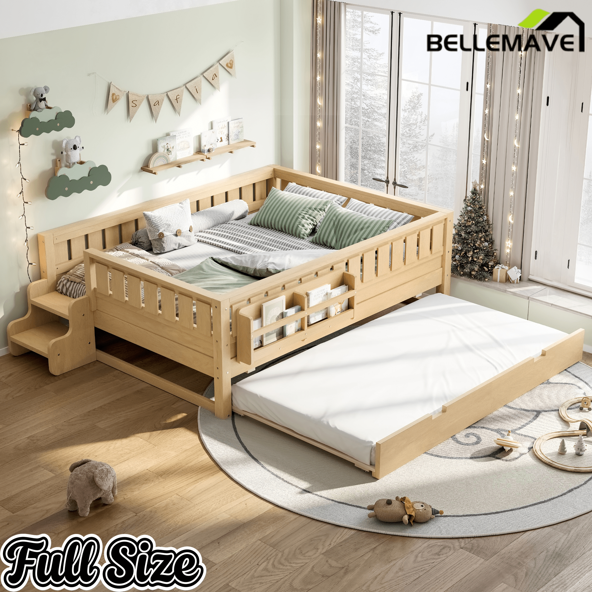 Bellemave® Twin Bed with Trundle Twin and Stairs, Twin Size Platform Bed Frame with Fence and Bookshelf, Natural - Bellemave