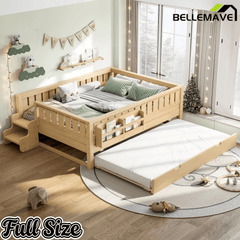 Bellemave® Twin Bed with Trundle Twin and Stairs, Twin Size Platform Bed Frame with Fence and Bookshelf, Natural - Bellemave