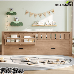 Bellemave® Twin Bed with Trundle Twin and Stairs, Twin Size Platform Bed Frame with Fence and Bookshelf, Natural - Bellemave