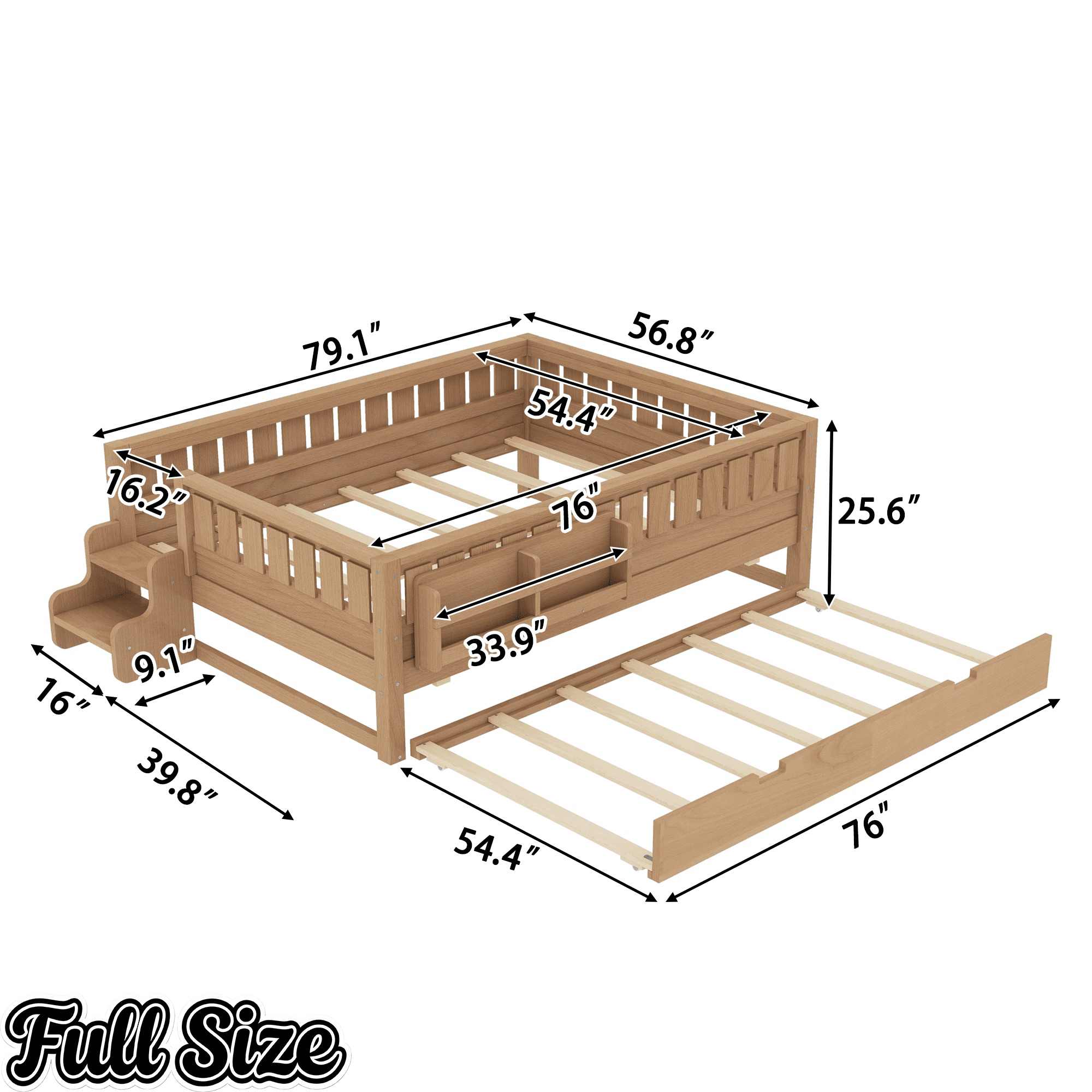 Bellemave® Twin Bed with Trundle Twin and Stairs, Twin Size Platform Bed Frame with Fence and Bookshelf, Natural - Bellemave