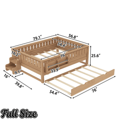 Bellemave® Twin Bed with Trundle Twin and Stairs, Twin Size Platform Bed Frame with Fence and Bookshelf, Natural - Bellemave