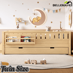 Bellemave® Twin Bed with Trundle Twin and Stairs, Twin Size Platform Bed Frame with Fence and Bookshelf, Natural - Bellemave