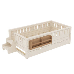 Bellemave® Twin Bed with Trundle Twin and Stairs, Twin Size Platform Bed Frame with Fence and Bookshelf, Natural - Bellemave