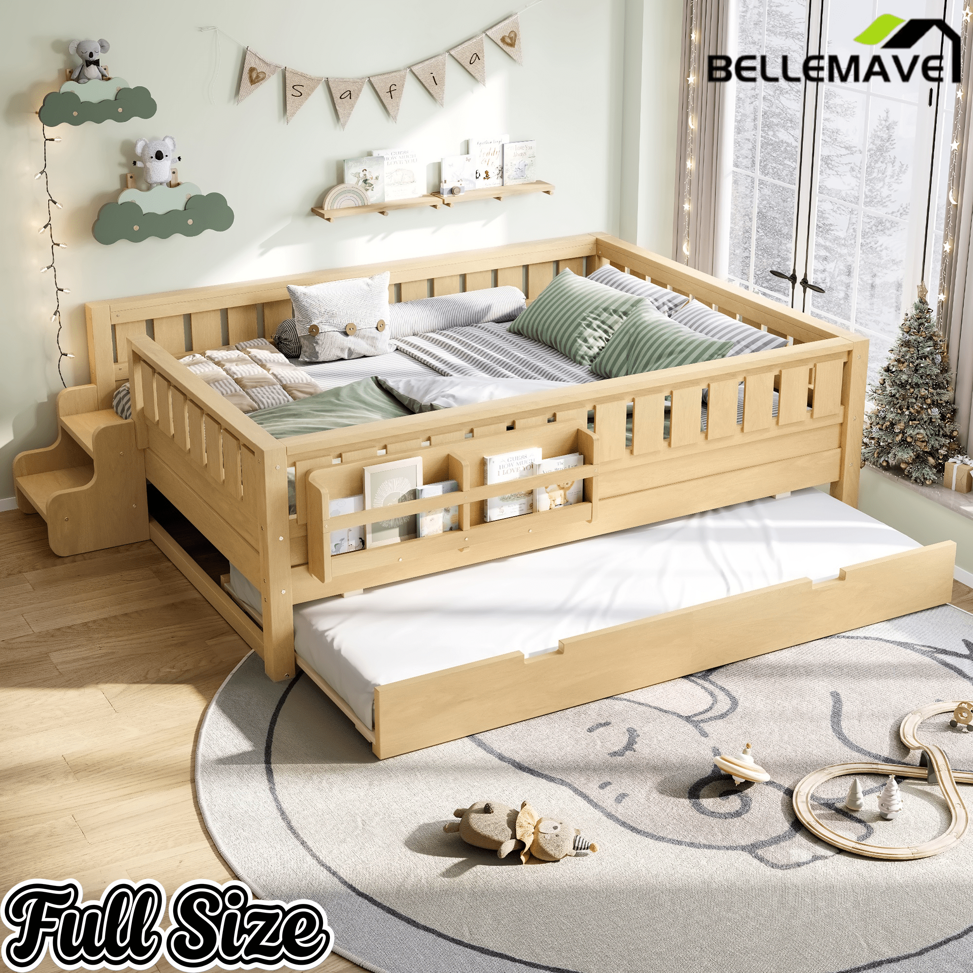 Bellemave® Twin Bed with Trundle Twin and Stairs, Twin Size Platform Bed Frame with Fence and Bookshelf, Natural - Bellemave