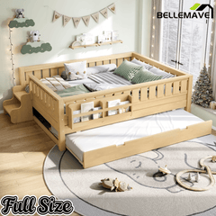 Bellemave® Twin Bed with Trundle Twin and Stairs, Twin Size Platform Bed Frame with Fence and Bookshelf, Natural - Bellemave