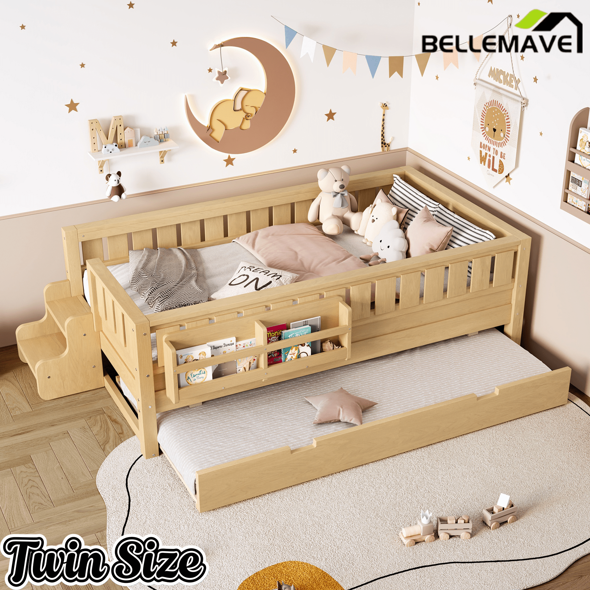 Bellemave® Twin Bed with Trundle Twin and Stairs, Twin Size Platform Bed Frame with Fence and Bookshelf, Natural - Bellemave