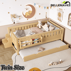 Bellemave® Twin Bed with Trundle Twin and Stairs, Twin Size Platform Bed Frame with Fence and Bookshelf, Natural - Bellemave